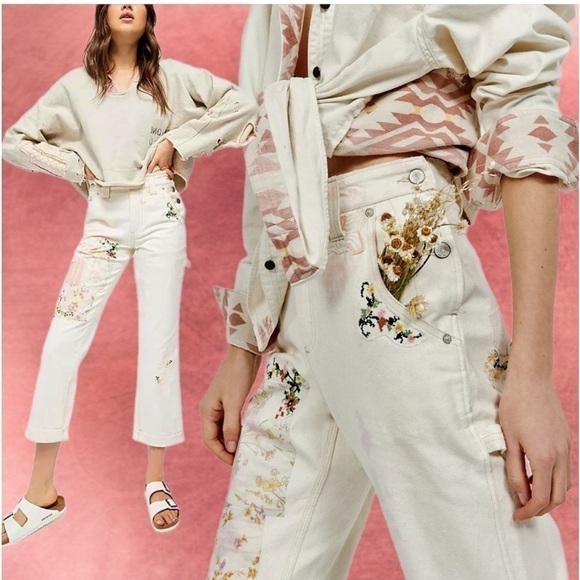 Free People Denim - EUC We The Free • Love Alive Boyfriend Jeans Floral embroidered Painter Pant 27